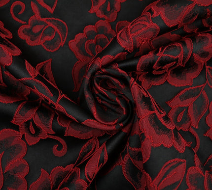 Red Grey Royal Blue Ornate Floral Roses Corded Floral Textured Brocade Fabric