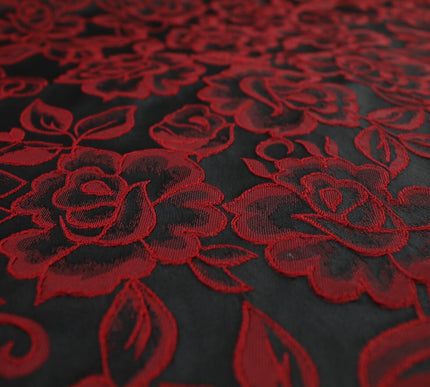 Red Grey Royal Blue Ornate Floral Roses Corded Floral Textured Brocade Fabric
