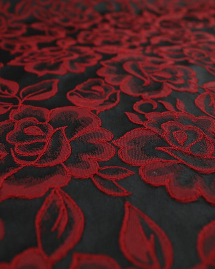 Red Grey Royal Blue Ornate Floral Roses Corded Floral Textured Brocade Fabric