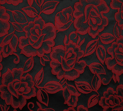 Red Grey Royal Blue Ornate Floral Roses Corded Floral Textured Brocade Fabric