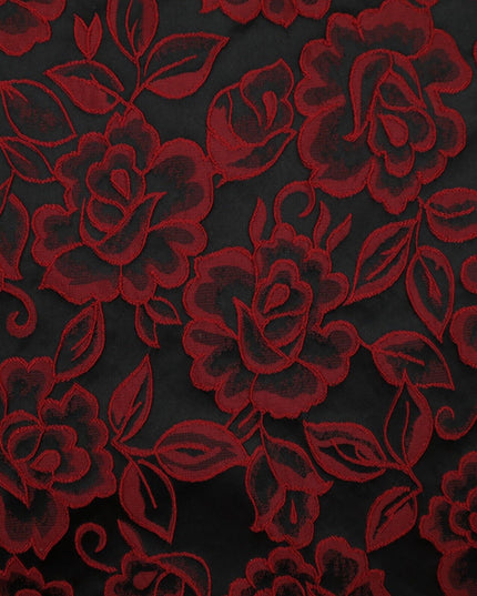 Red Grey Royal Blue Ornate Floral Roses Corded Floral Textured Brocade Fabric