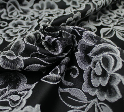 Red Grey Royal Blue Ornate Floral Roses Corded Floral Textured Brocade Fabric