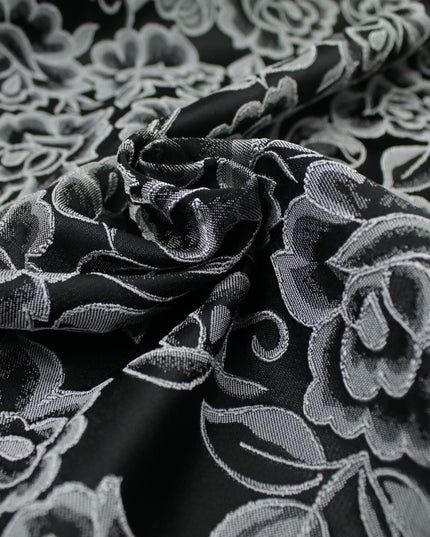 Red Grey Royal Blue Ornate Floral Roses Corded Floral Textured Brocade Fabric