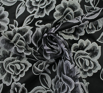 Red Grey Royal Blue Ornate Floral Roses Corded Floral Textured Brocade Fabric