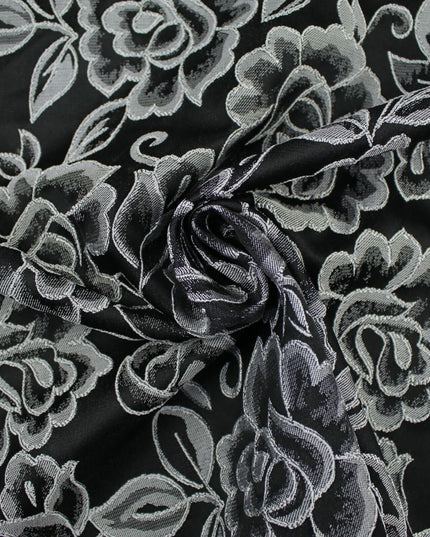 Red Grey Royal Blue Ornate Floral Roses Corded Floral Textured Brocade Fabric