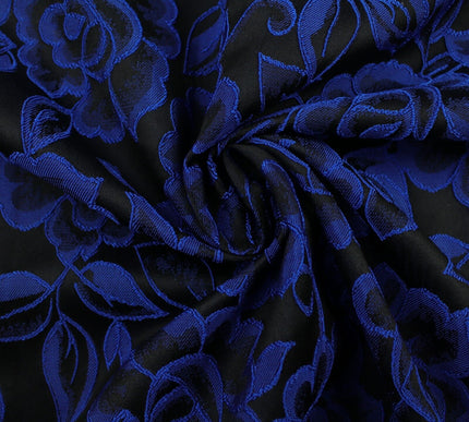 Red Grey Royal Blue Ornate Floral Roses Corded Floral Textured Brocade Fabric