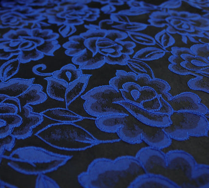 Red Grey Royal Blue Ornate Floral Roses Corded Floral Textured Brocade Fabric