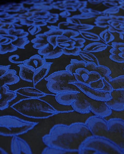 Red Grey Royal Blue Ornate Floral Roses Corded Floral Textured Brocade Fabric