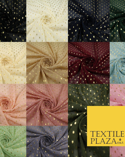 14 COLOURS - Swiss Knot Gold Foil Dot Dobby Sheer Georgette Chiffon Fabric 58"