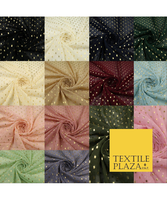 14 COLOURS - Swiss Knot Gold Foil Dot Dobby Sheer Georgette Chiffon Fabric 58"
