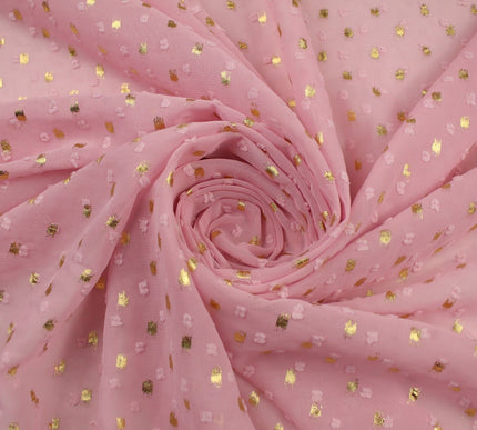 14 COLOURS - Swiss Knot Gold Foil Dot Dobby Sheer Georgette Chiffon Fabric 58"