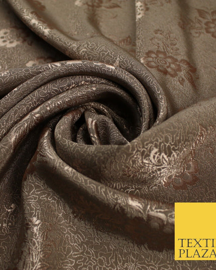8 COLOURS - Premium Floral Leafy Tonal Satin Jacquard Dress Fabric 58" Wide