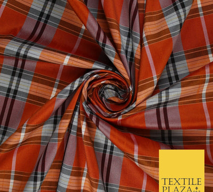 Perth Black Orange Dupion Faux Raw Silk Check Tartan Fabric Material 58" 9639