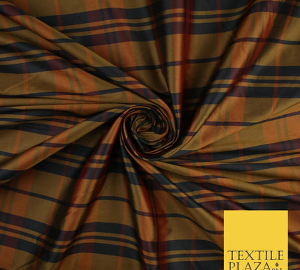High Quality Black Brown Check Tartan Faux Silk Taffeta Dress Fabric 57" 9641