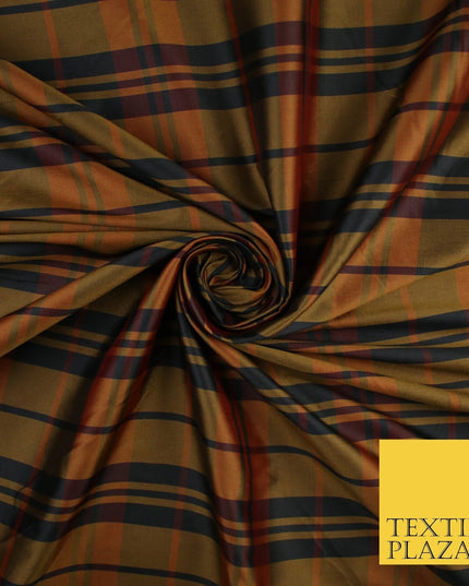 High Quality Black Brown Check Tartan Faux Silk Taffeta Dress Fabric 57" 9641