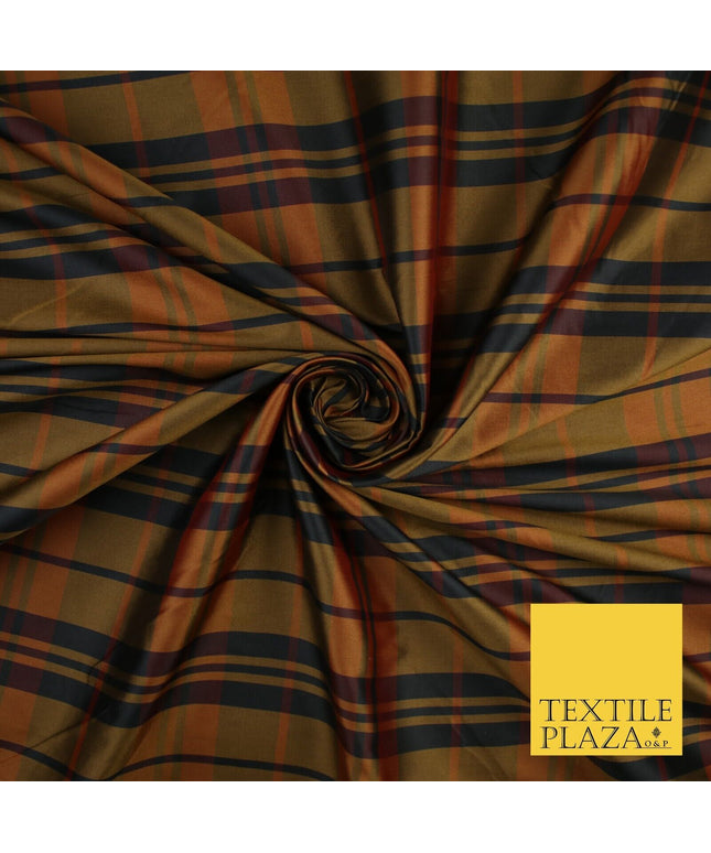High Quality Black Brown Check Tartan Faux Silk Taffeta Dress Fabric 57" 9641