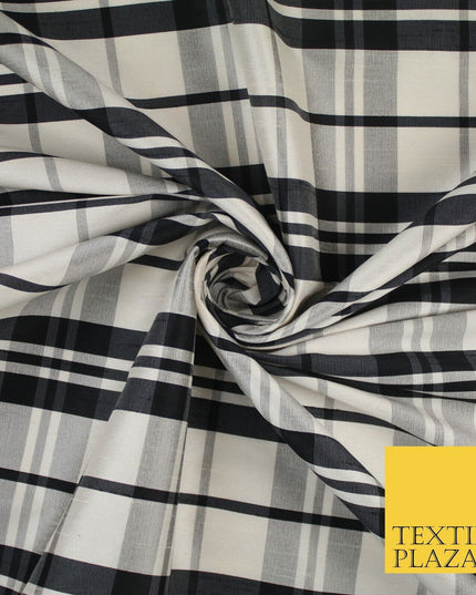Beige Black Dupion Faux Raw Silk Check Tartan Fabric Material 58" Craft 9638