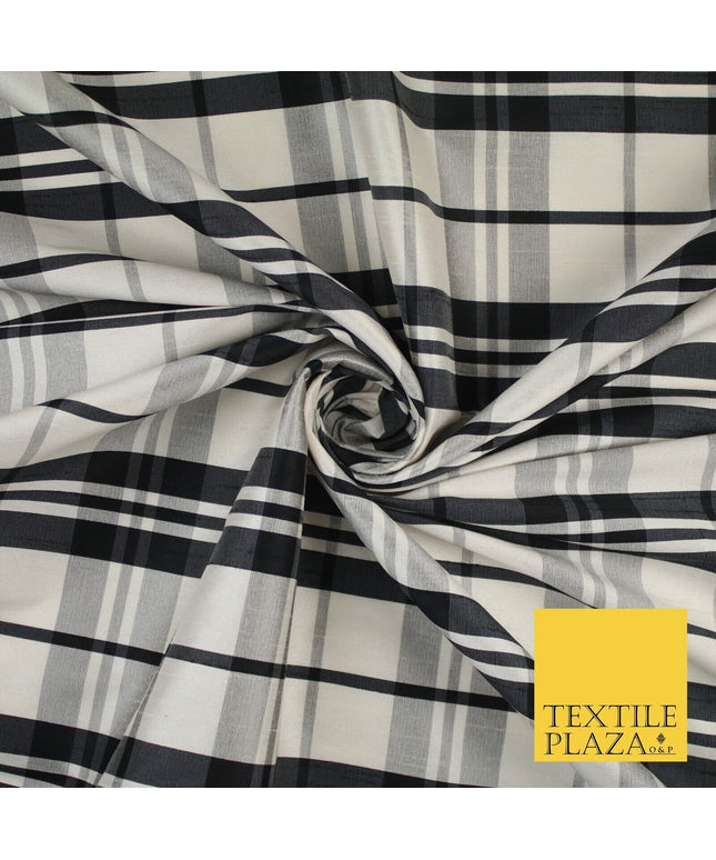 Beige Black Dupion Faux Raw Silk Check Tartan Fabric Material 58" Craft 9638