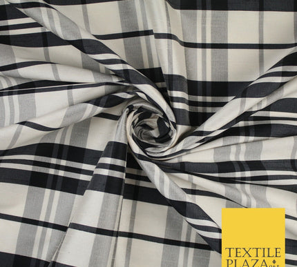 Beige Black Dupion Faux Raw Silk Check Tartan Fabric Material 58" Craft 9638