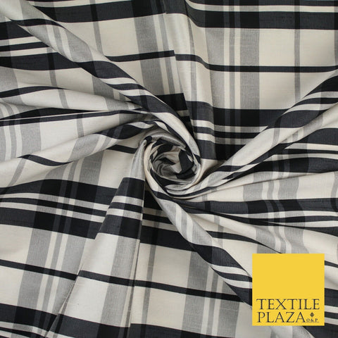 Beige Black Dupion Faux Raw Silk Check Tartan Fabric Material 58" Craft 9638