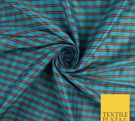 Turquoise Rust Dupion Faux Raw Silk Check Tartan Fabric Material 58" Craft 9640