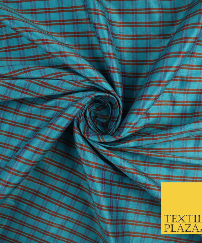 Turquoise Rust Dupion Faux Raw Silk Check Tartan Fabric Material 58" Craft 9640