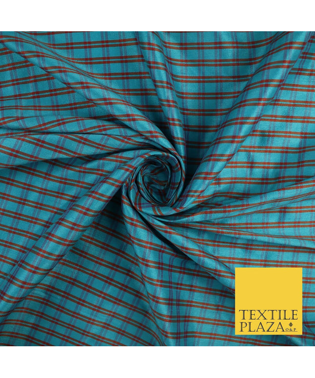 Turquoise Rust Dupion Faux Raw Silk Check Tartan Fabric Material 58" Craft 9640