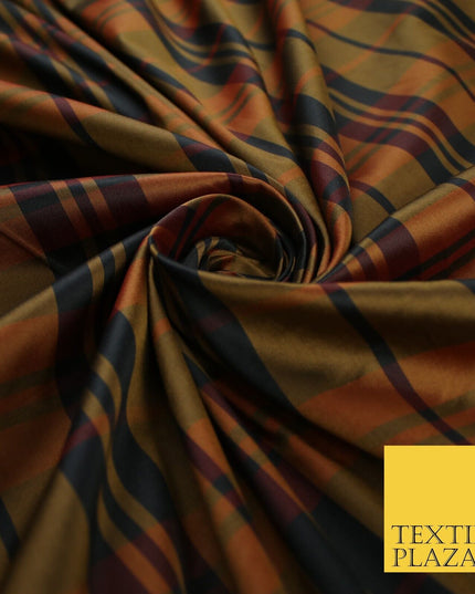 High Quality Black Brown Check Tartan Faux Silk Taffeta Dress Fabric 57" 9641