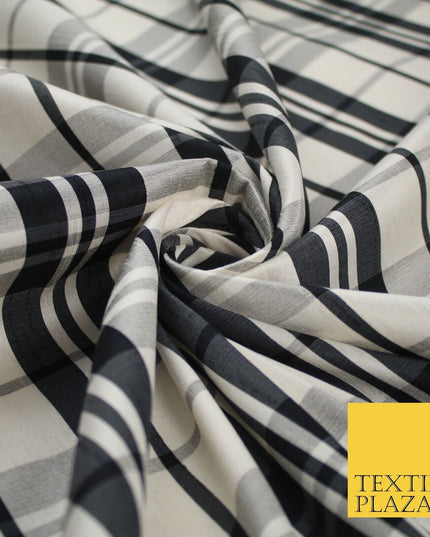 Beige Black Dupion Faux Raw Silk Check Tartan Fabric Material 58" Craft 9638