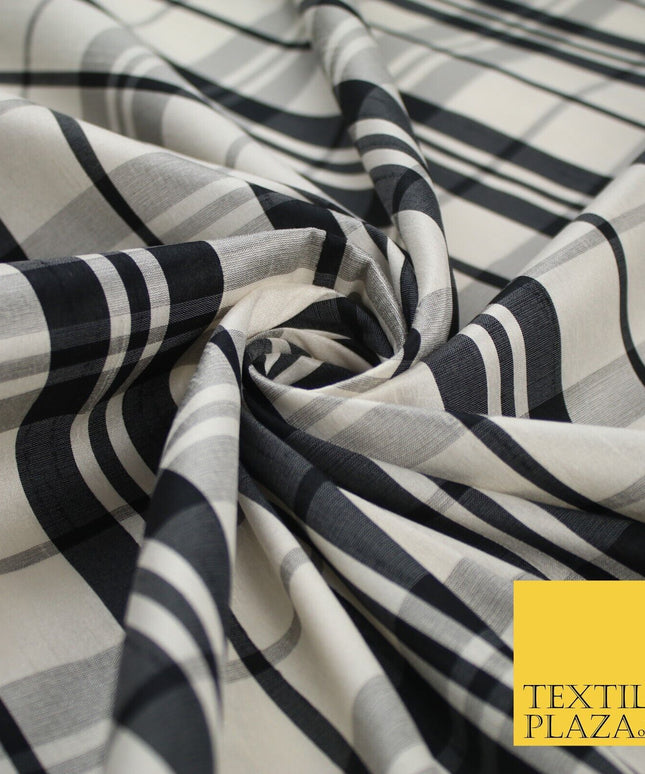 Beige Black Dupion Faux Raw Silk Check Tartan Fabric Material 58" Craft 9638