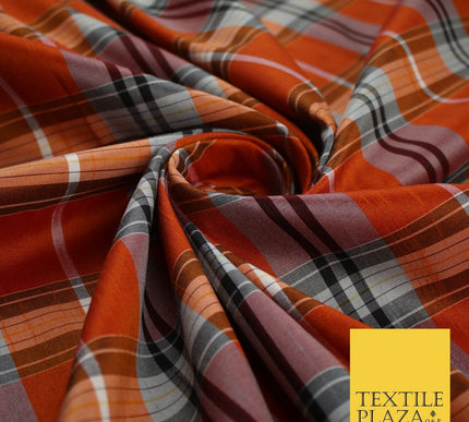 Perth Black Orange Dupion Faux Raw Silk Check Tartan Fabric Material 58" 9639