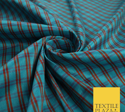 Turquoise Rust Dupion Faux Raw Silk Check Tartan Fabric Material 58" Craft 9640