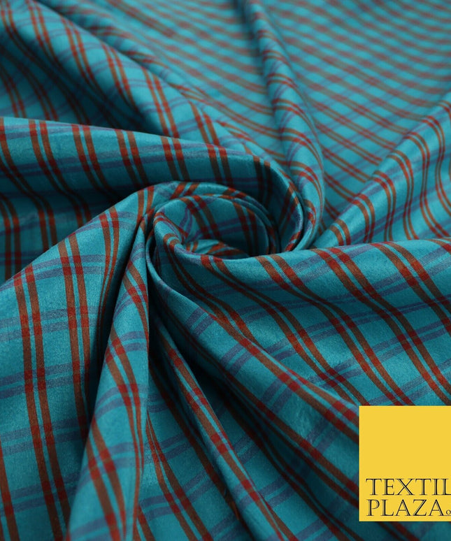 Turquoise Rust Dupion Faux Raw Silk Check Tartan Fabric Material 58" Craft 9640