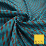 Turquoise Rust Dupion Faux Raw Silk Check Tartan Fabric Material 58" Craft 9640