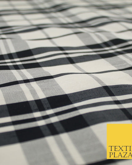 Beige Black Dupion Faux Raw Silk Check Tartan Fabric Material 58" Craft 9638
