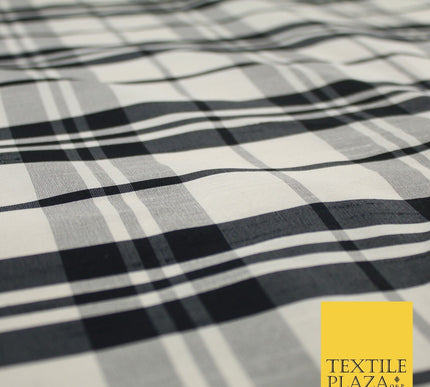 Beige Black Dupion Faux Raw Silk Check Tartan Fabric Material 58" Craft 9638