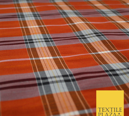 Perth Black Orange Dupion Faux Raw Silk Check Tartan Fabric Material 58" 9639