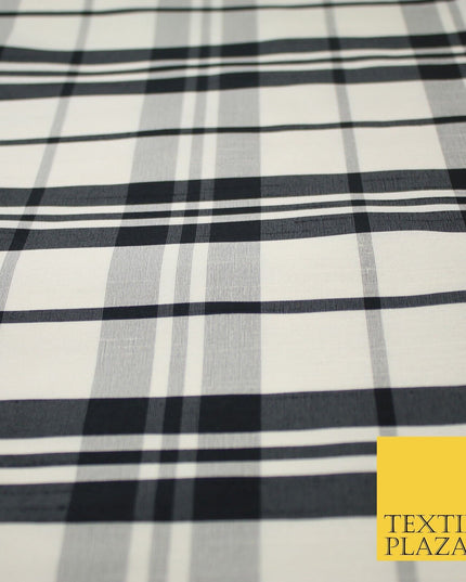 Beige Black Dupion Faux Raw Silk Check Tartan Fabric Material 58" Craft 9638
