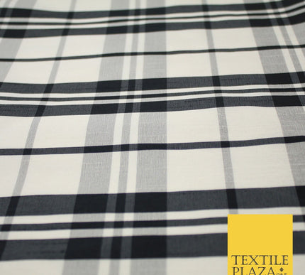 Beige Black Dupion Faux Raw Silk Check Tartan Fabric Material 58" Craft 9638