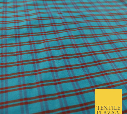 Turquoise Rust Dupion Faux Raw Silk Check Tartan Fabric Material 58" Craft 9640