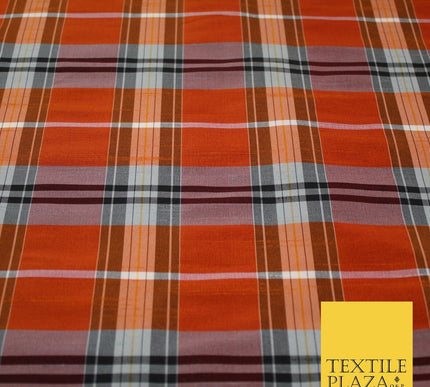 Perth Black Orange Dupion Faux Raw Silk Check Tartan Fabric Material 58" 9639