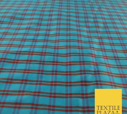 Turquoise Rust Dupion Faux Raw Silk Check Tartan Fabric Material 58" Craft 9640
