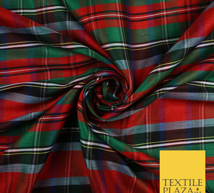 White Red Green Check Tartan Dupion Faux Raw Silk Fabric Xmas Material 57" 9643