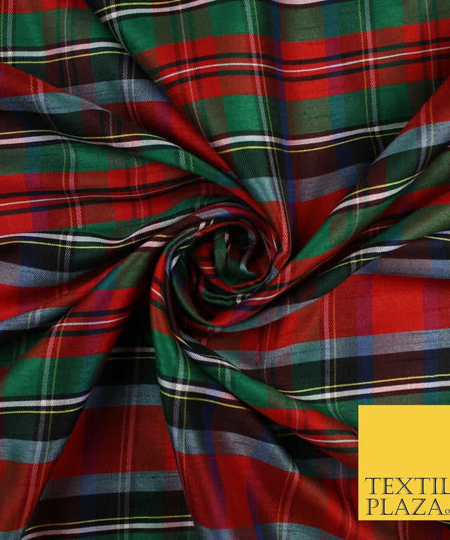 White Red Green Check Tartan Dupion Faux Raw Silk Fabric Xmas Material 57" 9643