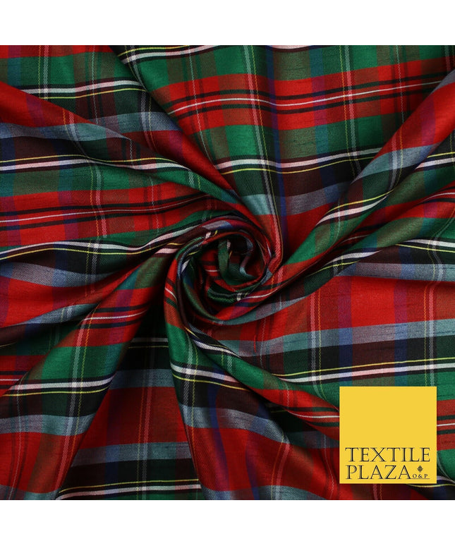 White Red Green Check Tartan Dupion Faux Raw Silk Fabric Xmas Material 57" 9643