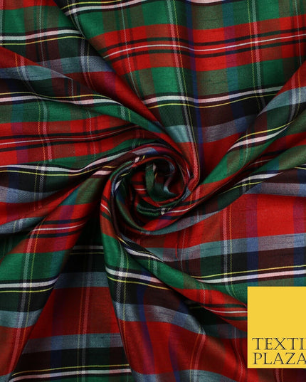 White Red Green Check Tartan Dupion Faux Raw Silk Fabric Xmas Material 57" 9643