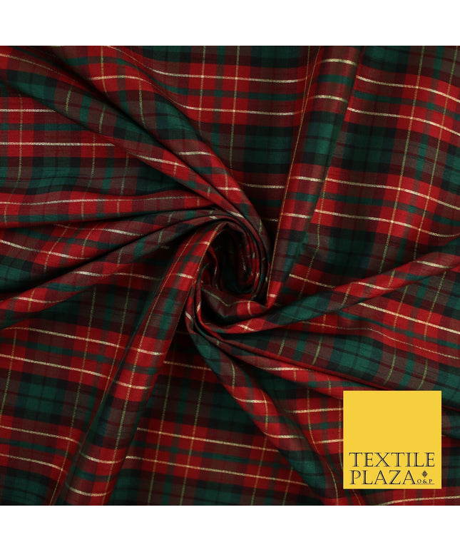 Red Green Colton Plaid Metallic Check Tartan Dupion Faux Raw Silk Fabric 9644