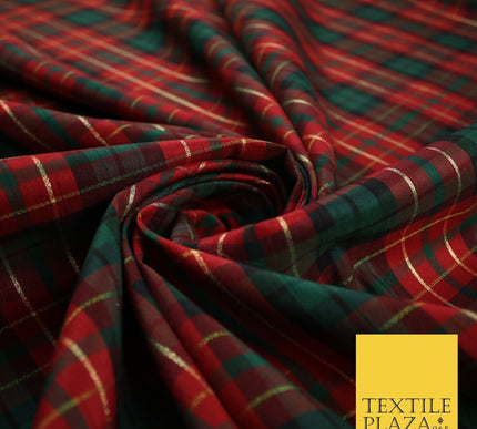 Red Green Colton Plaid Metallic Check Tartan Dupion Faux Raw Silk Fabric 9644