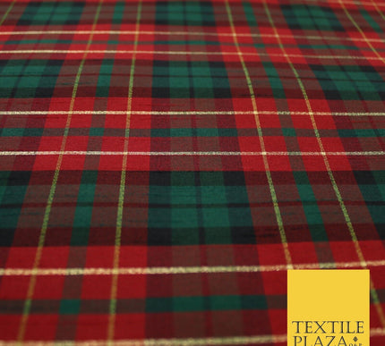 Red Green Colton Plaid Metallic Check Tartan Dupion Faux Raw Silk Fabric 9644