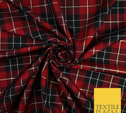 Red Maroon Black Metallic Plaid Check Tartan Dupion Faux Raw Silk Fabric 9649